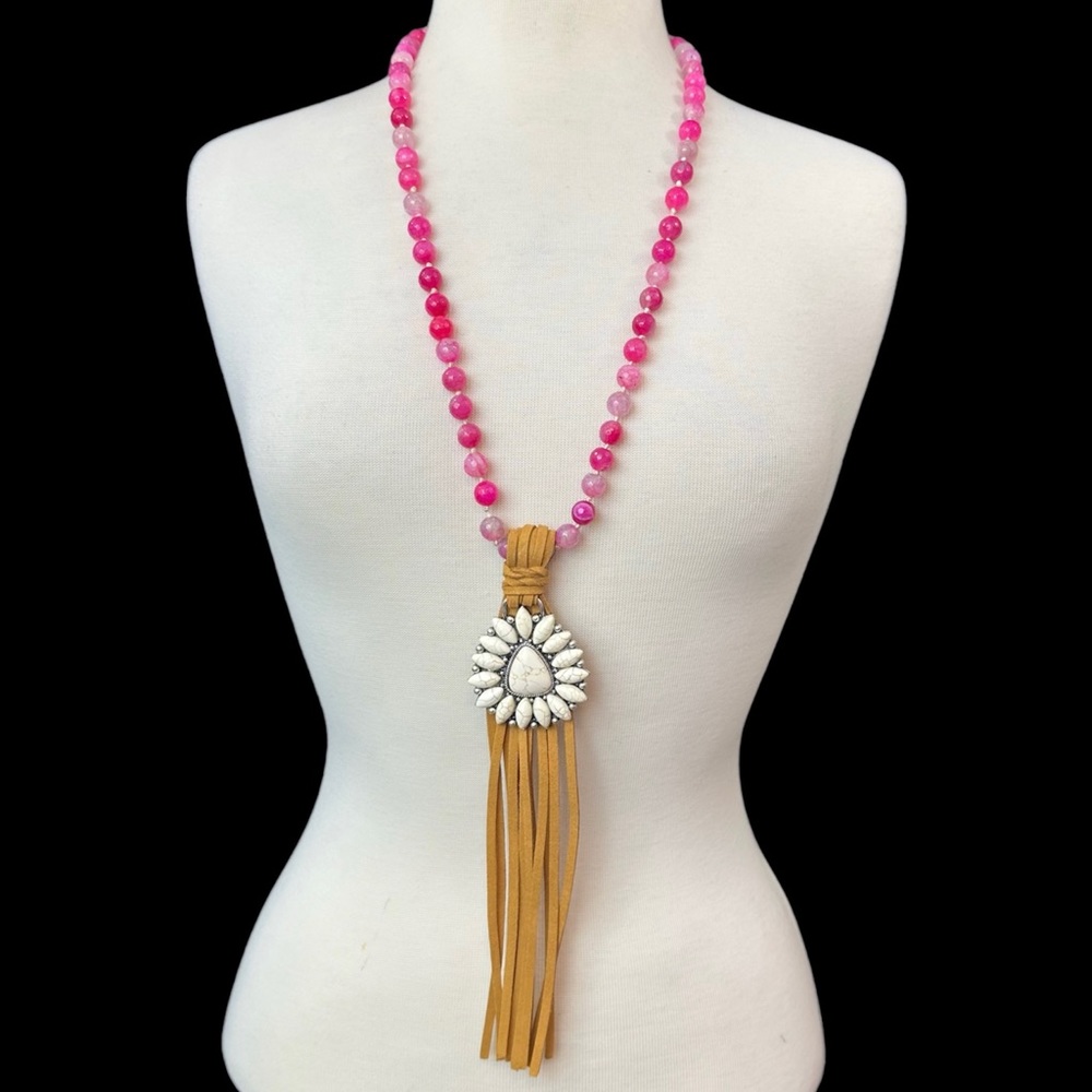 Long Chunky Ivory Concho Pink Stone Bead Tassel Necklace